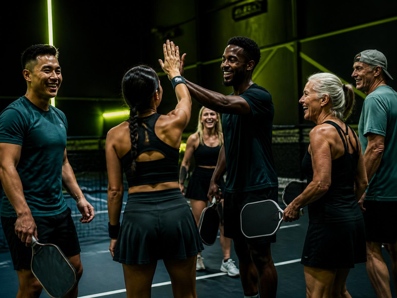 Diverse group of pickleball players celebrating together on a dark court